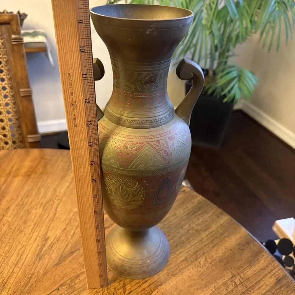 Vintage Solid Brass Vase Hand Etched Floral/Leaf Design 15.5